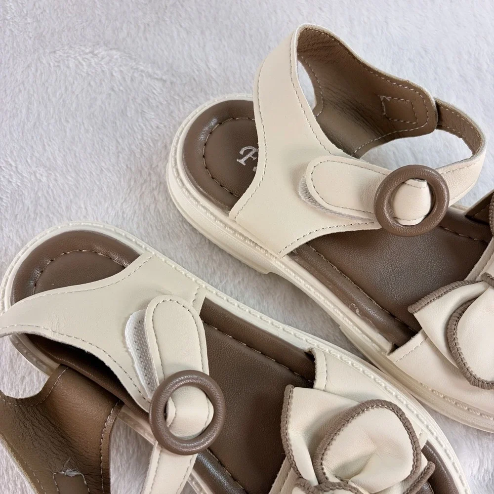 NWOB Girls Beige Bow Princess Sandals – Size EU 32 / US Kids Youth 1 Non Slip
